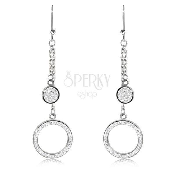 Hanging steel earrings - ring and circle adorned with clear stones, silver color, African hook