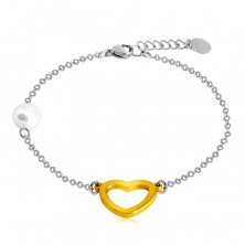 Steel bracelet with a pearlescent bead, heart outline in a golden colour