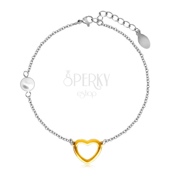 Steel bracelet with a pearlescent bead, heart outline in a golden colour