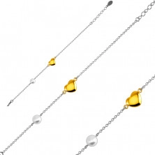 Steel bracelet – smooth glossy heart in a golden colour, pearlescent bead, fine chain