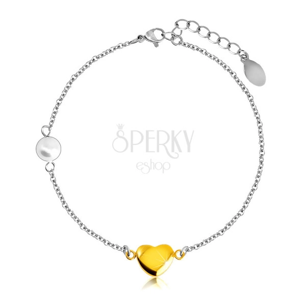 Steel bracelet – smooth glossy heart in a golden colour, pearlescent bead, fine chain