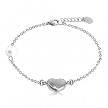 Steel bracelet – smooth glossy heart in a silver colour, pearlescent bead, fine chain