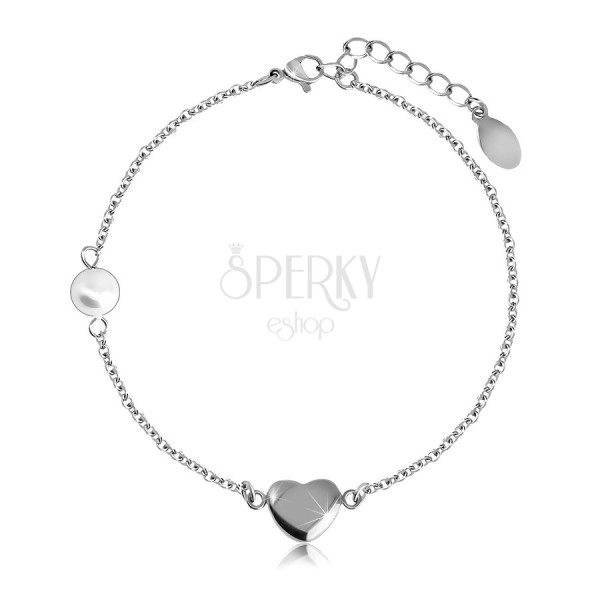 Steel bracelet – smooth glossy heart in a silver colour, pearlescent bead, fine chain