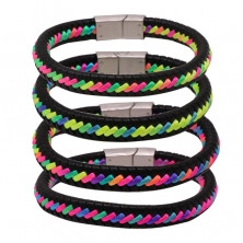 Black leather bracelet – braided multicoloured strings, plug-in closure