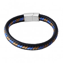 Black leather bracelet – braided brown and blue strings, plug-in closure