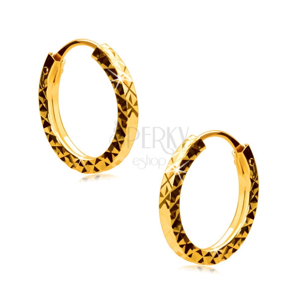 Earrings in yellow 585 gold - hoops are decorated with diamond cut, square shoulders, 12 mm