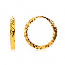Earrings in yellow 585 gold - hoops are decorated with diamond cut, square shoulders, 12 mm