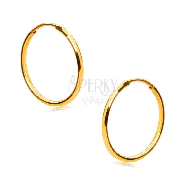 Golden round earrings in 14K gold - thin round shoulders, smooth and shiny surface, 15 mm