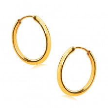 Golden earrings in 14K gold, hoops, round shoulders, smooth and shiny surface, 14 mm