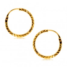 Earrings in 585 yellow gold - hoops decorated with diamond cut, square shoulders, 14 mm