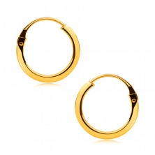 Small round earrings in 14K gold - thin square shoulders, shiny surface, 13 mm