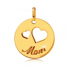 Flat 585 gold pendant - cutouts of two hearts, engraved inscription "Mom", shiny circle