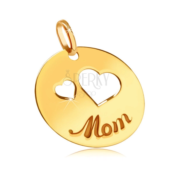 Flat 375 gold pendant - cutouts of two hearts, engraved inscription "Mom", shiny circle