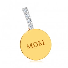 Combined 9K gold pendant - glossy flat circle, "MOM" inscription, zirconic line