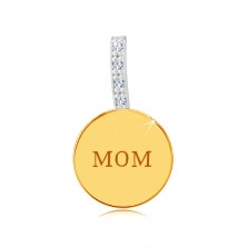 Combined 9K gold pendant - glossy flat circle, "MOM" inscription, zirconic line