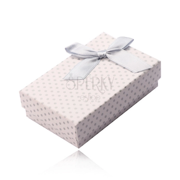 Rectangular box for earrings, necklace and rings, white surface, gray dots and bowknot