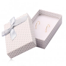 Rectangular box for earrings, necklace and rings, white surface, gray dots and bowknot