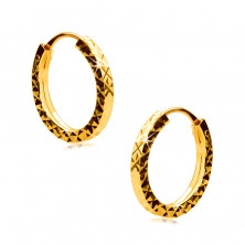 Earrings in yellow 375 gold - hoops are decorated with diamond cut, square shoulders, 12 mm
