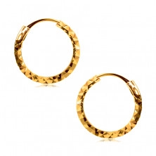 Earrings in yellow 375 gold - hoops are decorated with diamond cut, square shoulders, 12 mm