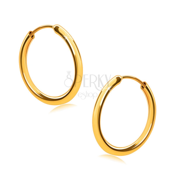 Golden earrings in 9K gold, hoops, round shoulders, smooth and shiny surface, 14 mm