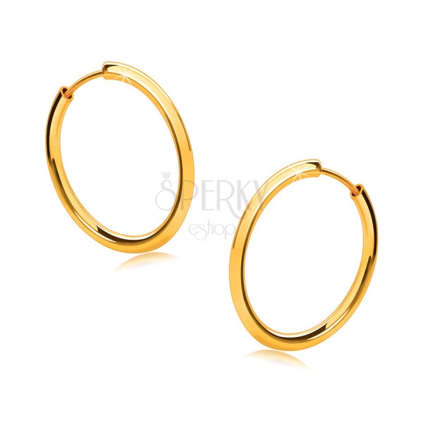 Golden round earrings in 9K gold - thin rounded shoulders, shiny surface, 15 mm