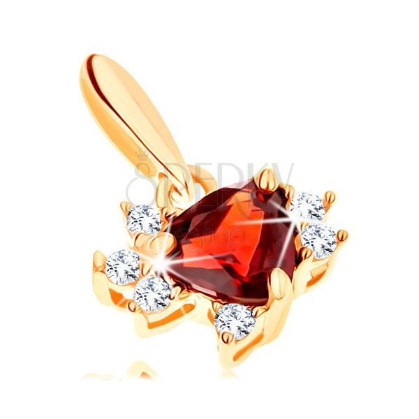 Pendant in yellow 9K gold - triangle garnet with clear zircons