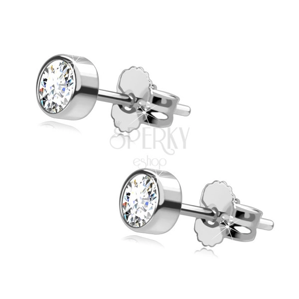 Earrings made of white 14K gold - shiny round zircon in mount, 4 mm