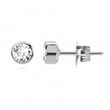 Earrings made of white 14K gold - shiny round zircon in mount, 4 mm