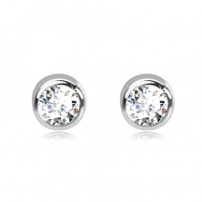 Stud earrings in white 585 gold - round shiny zircon in mount, 3 mm