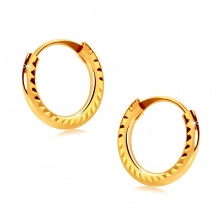 Children's earrings in yellow 585 gold - small hoops, shiny ridged shoulders, 10mm