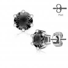 Earrings made of stainless steel in silver color, round black zircon in mount