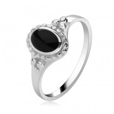 925 Silver ring, black onyx oval, beads, high gloss