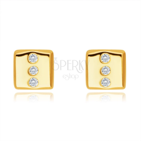 Diamond 14K yellow gold earrings - rectangle with three round brilliants, studs