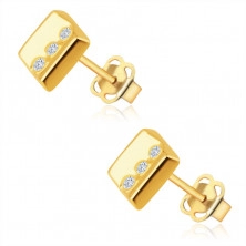Diamond 14K yellow gold earrings - rectangle with three round brilliants, studs