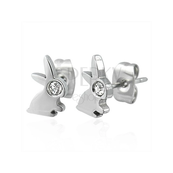 Earrings made of 316L steel in silver colour - bunny with zircon eye