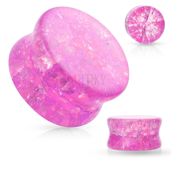 Glass saddle ear plug with rounded edges, transparent, pink color, broken effect