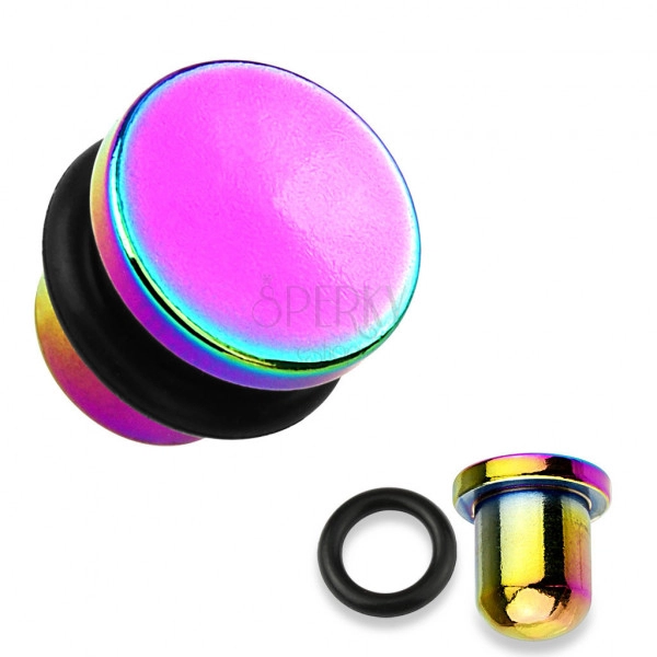 Ear plug made of 316L steel and titanium in rainbow color, black rubber band, various thicknesses