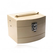 Jewelry box in creamy color made of eco leather, three-level box, crocodile pattern, buckle