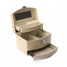 Jewelry box in creamy color made of eco leather, three-level box, crocodile pattern, buckle