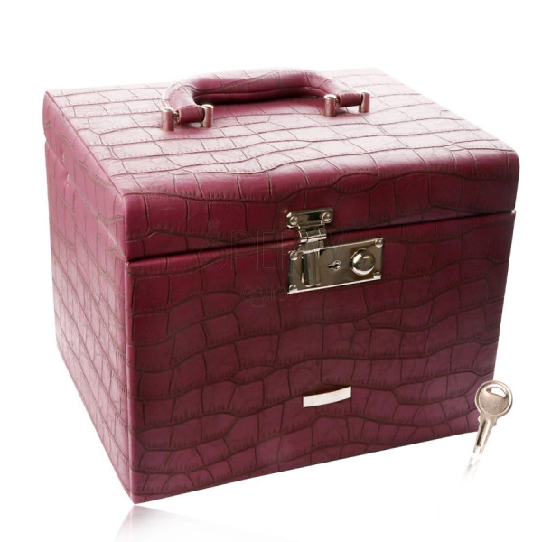 Suitcase jewelry box in purple bordeaux color, crocodile pattern, metal details in silver hue