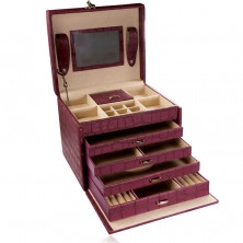 Suitcase jewelry box in purple bordeaux color, crocodile pattern, metal details in silver hue