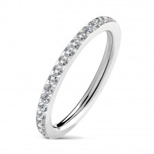 Narrow steel wedding ring with embedded clear zircons, silver color