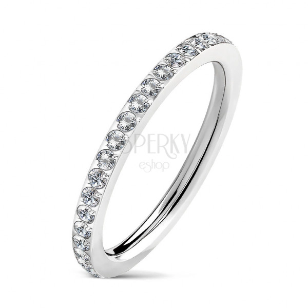 Narrow steel wedding ring with embedded clear zircons, silver color