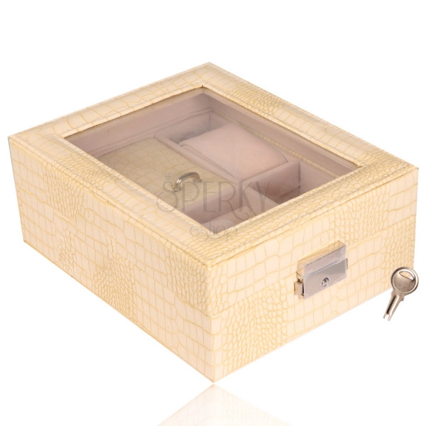 Rectangular jewelry box in creamy color - imitation of crocodile leather, buckle, key
