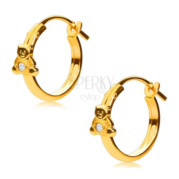 14K Gold earrings, hoops with a teddy bear and a zircon, French lock, 12 mm