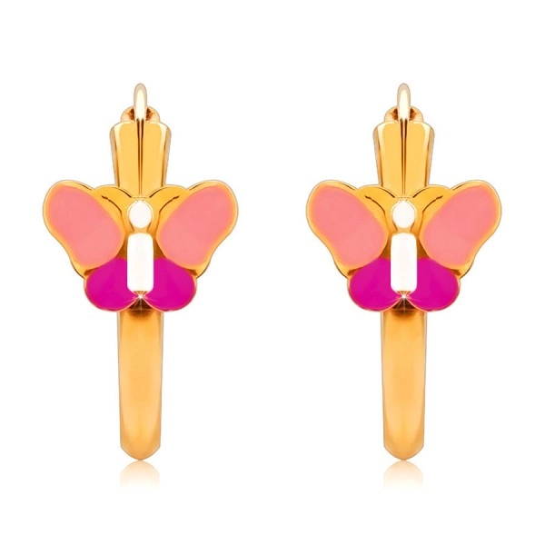 14K Gold round earrings, pink butterfly, shiny surface, 15 mm