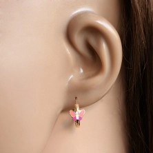 14K Gold round earrings, pink butterfly, shiny surface, 15 mm