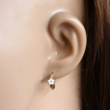 14K Gold round earrings, white flower, French lock, 12 mm