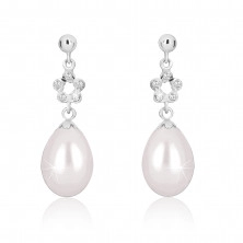 9K Gold earrings, flower contour with zircons, white pearl