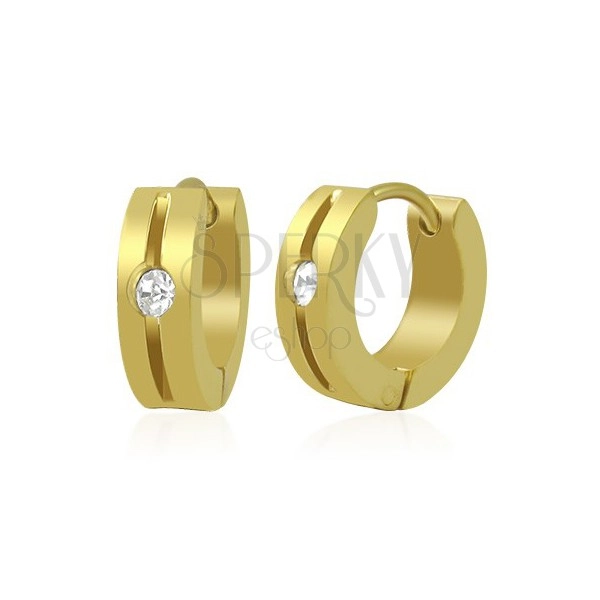 Earrings made of 316L steel - ring in gold colour with notch and clear zircon